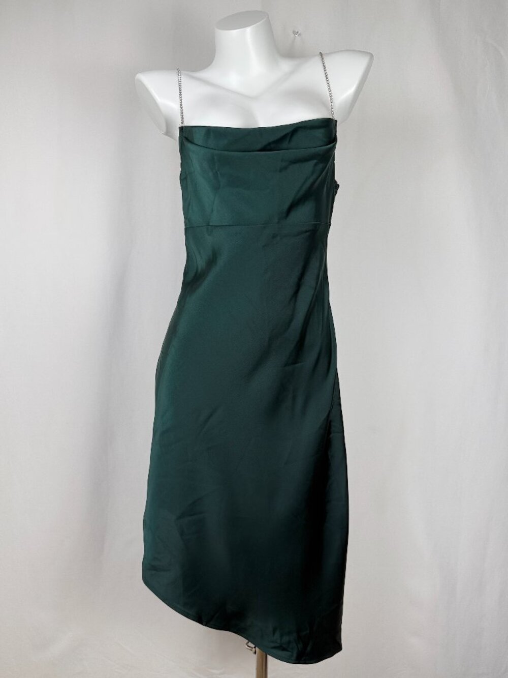 WAYF Emerald Green Cowl Neck Rhinestone Strap Asymmetric Slip Dress Size S
